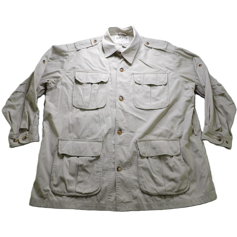 VTG 90s Orvis Safari Shirt Men XXL Beige Cotton Utility Pocket Button Down Retro